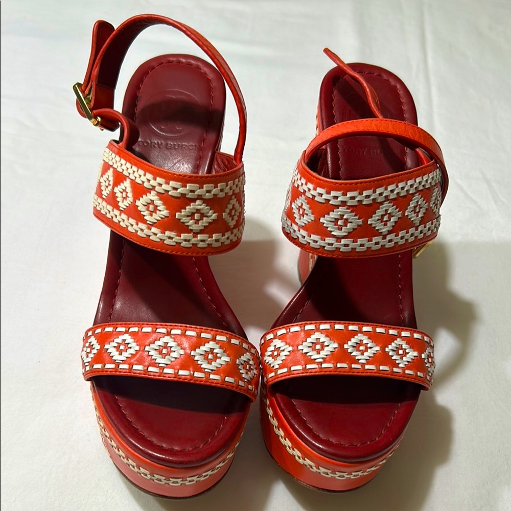 Tory Burch Red and Orange Sandals platform, woven wedges size 7 good condition